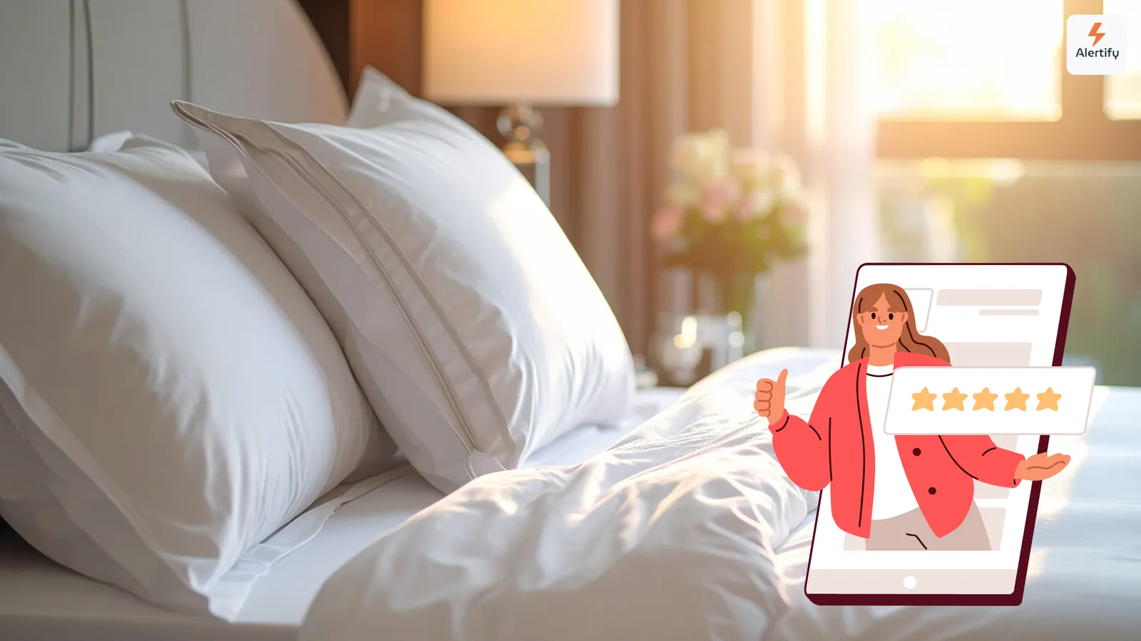 Ein gemachtes Bett mit frischen weißen Kissen in einem sonnigen Ferienwohnungs-Schlafzimmer, daneben eine Illustration eines Gastes, der eine Fünf-Sterne-Bewertung auf dem Handy zeigt.