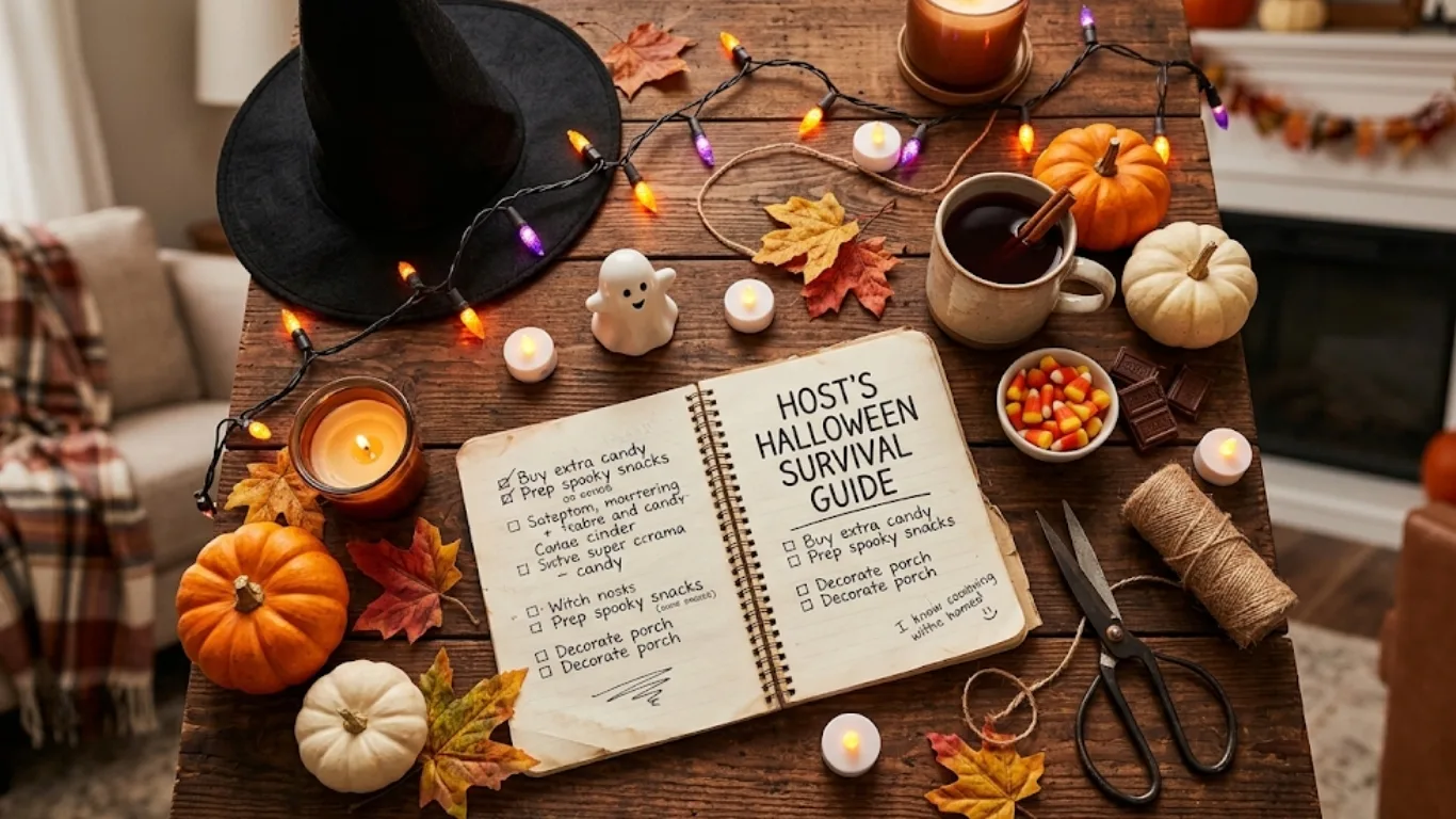 Die Halloween-Überlebenscheckliste eines Gastgebers in einem Notizbuch auf einem Holztisch, umgeben von Kürbissen, Kerzen, Lichterketten und einem Hexenhut