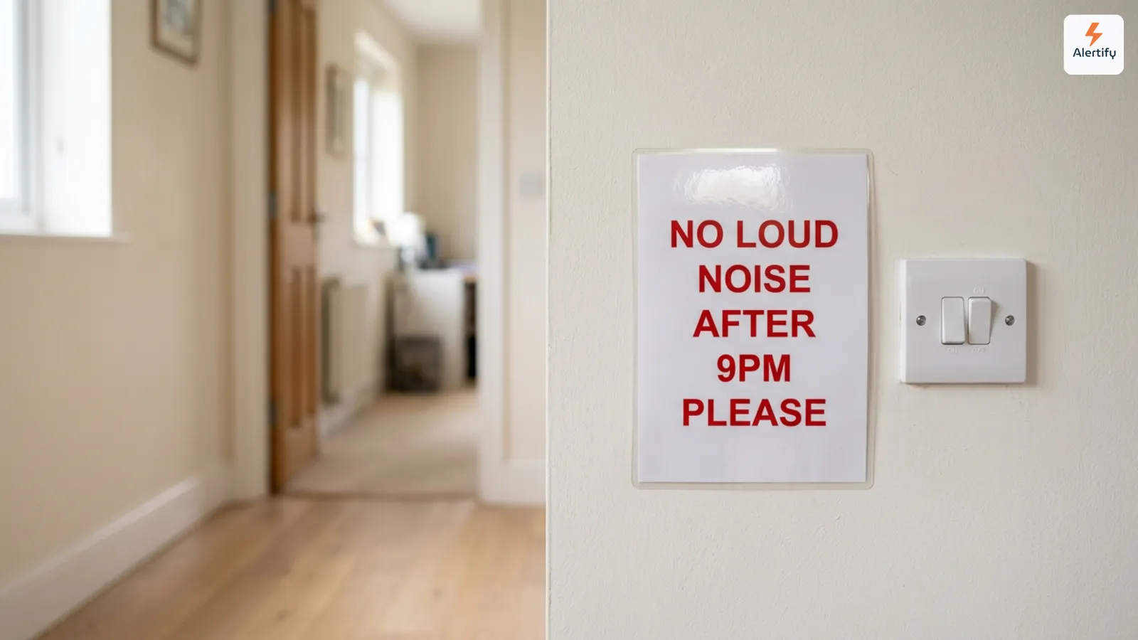 Schild an einer Flurwand mit der Aufschrift „No loud noise after 9pm please“