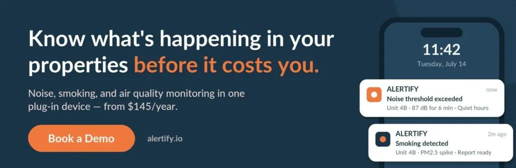 Alertify-Banner mit der Aufschrift „Wissen, was in Ihren Immobilien passiert, bevor es Sie etwas kostet“, neben einem Smartphone mit Lärm- und Rauch-Benachrichtigungen.