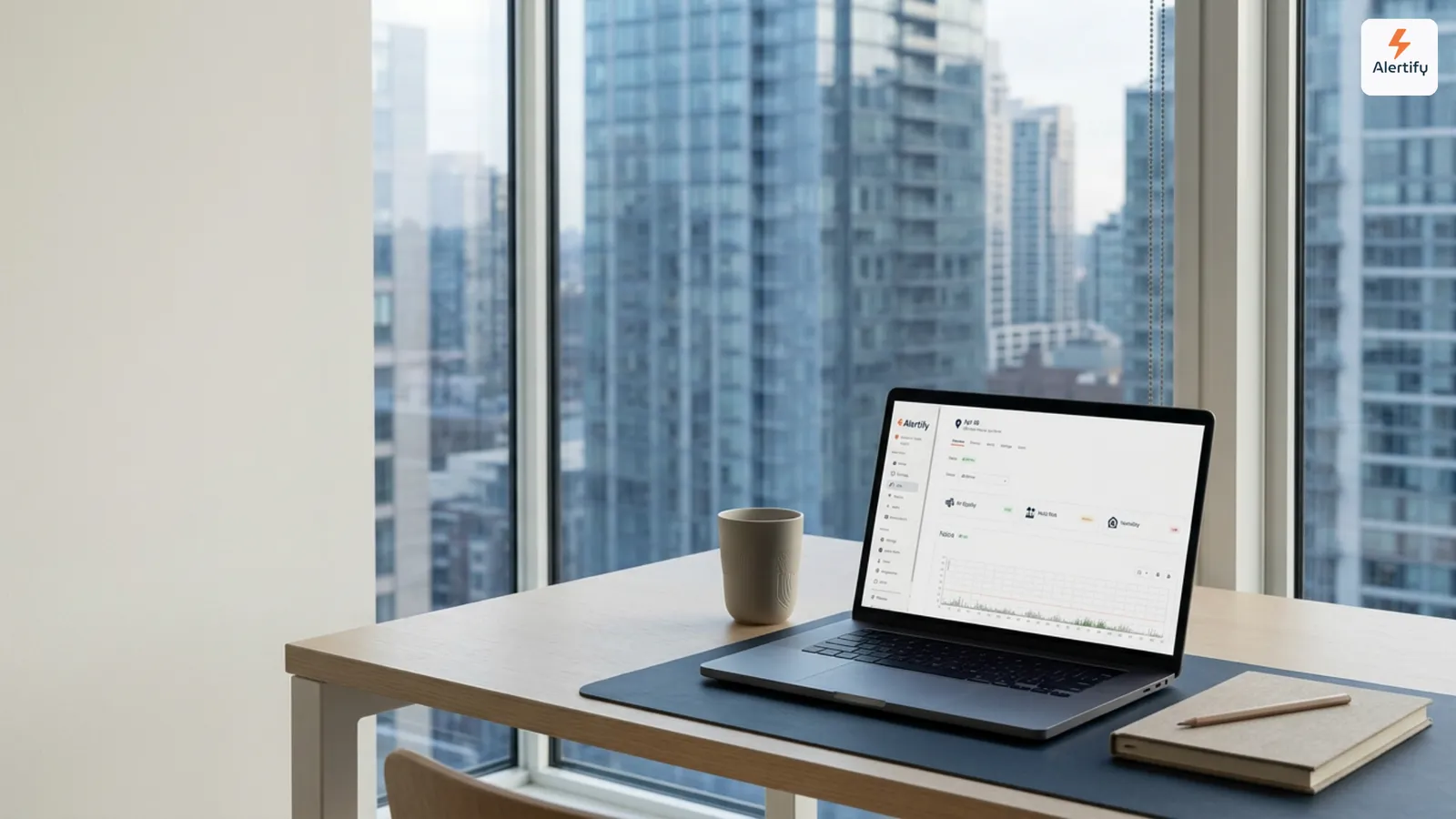 Laptop mit einem Dashboard zur Immobilienüberwachung auf einem Schreibtisch am Fenster mit Blick auf Hochhäuser