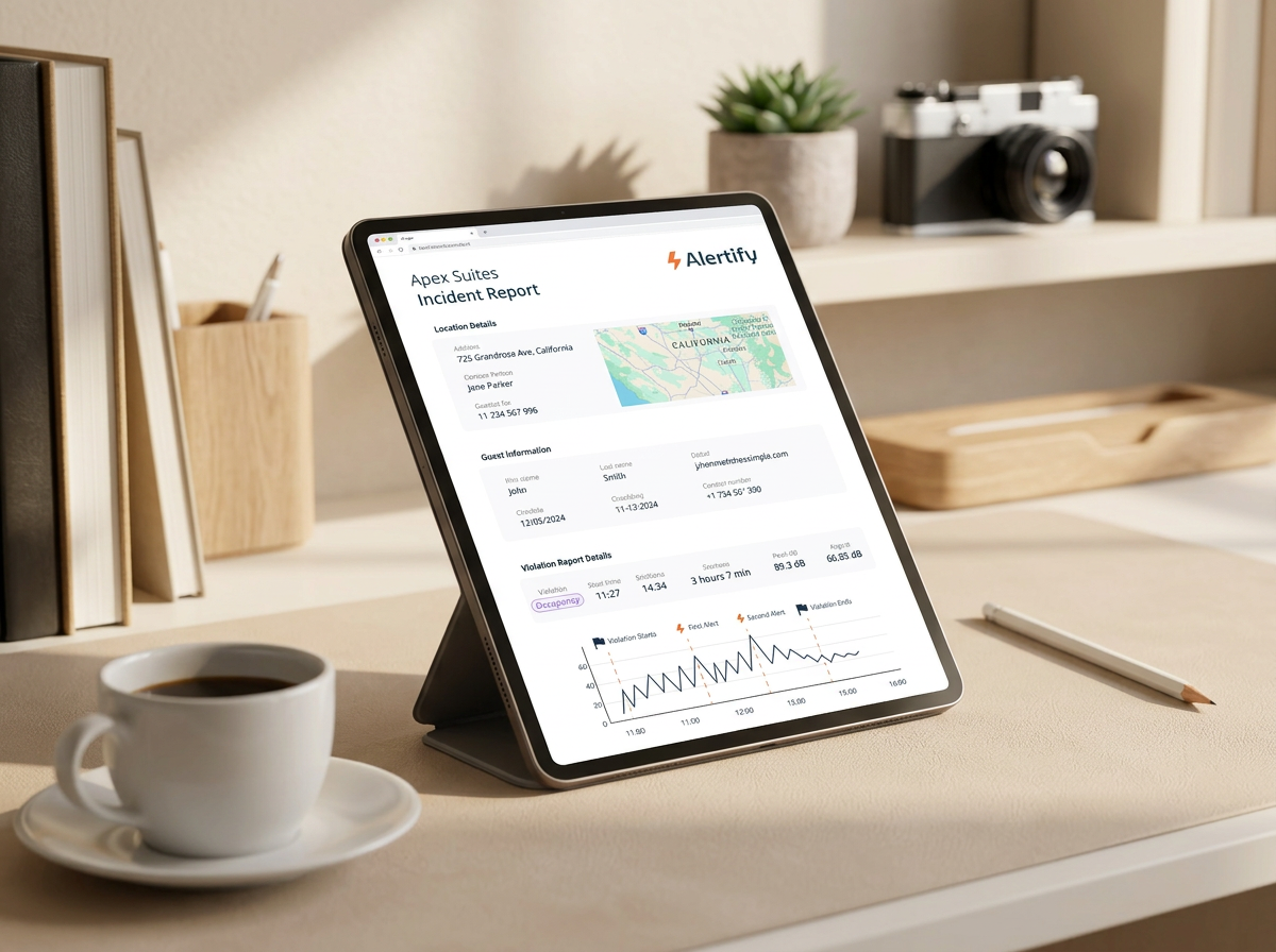 Beispielhafter Alertify-Vorfallbericht – ein signiertes, zeitgestempeltes PDF, das ein Lärmereignis mit Sensordaten und Lösungsverlauf dokumentiert