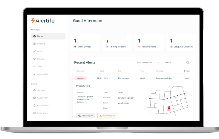 Alertify-Dashboard mit einer aktuellen Schuss-Benachrichtigung, Objektdaten und einer Karte, die genau zeigt, woher der Schuss kam