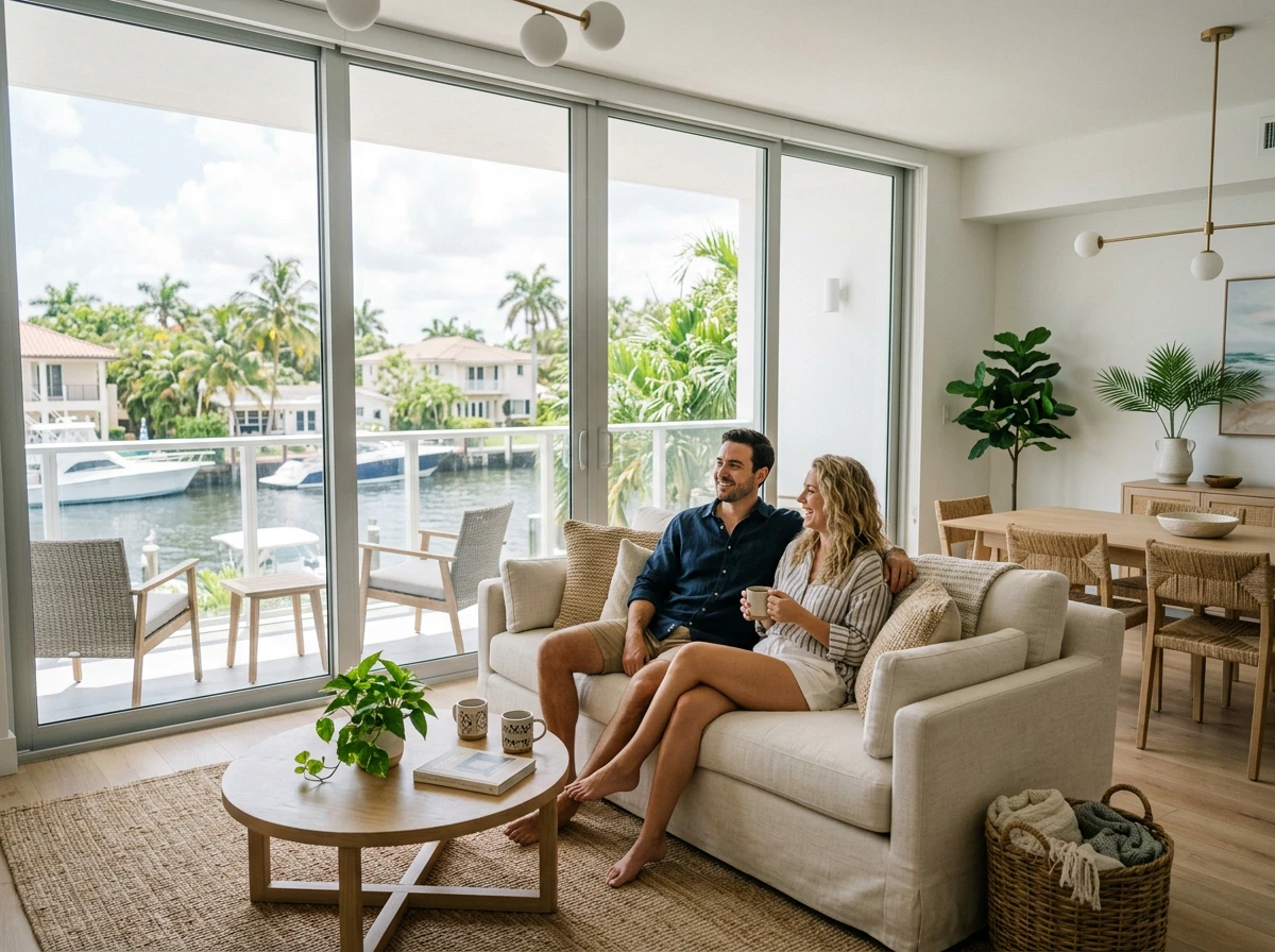 Paar entspannt in einer hellen Ferienwohnung am Wasser in Florida