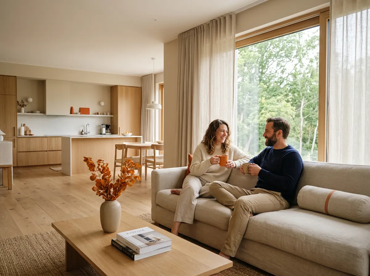 Zwei Gäste entspannen mit Kaffee auf dem Sofa einer hellen, ruhigen Ferienwohnung